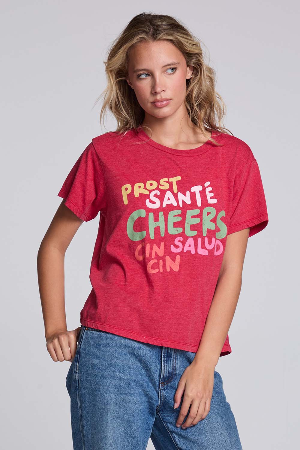 Chaser Cheers Tee in Cherry Bomb — Quarter view