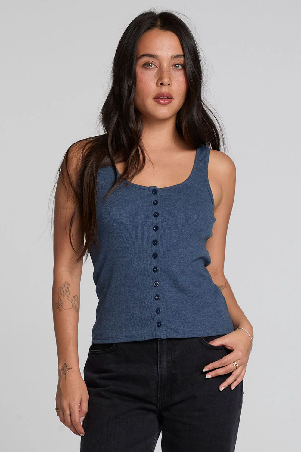 Velora Tank in Dark Denim — Front view