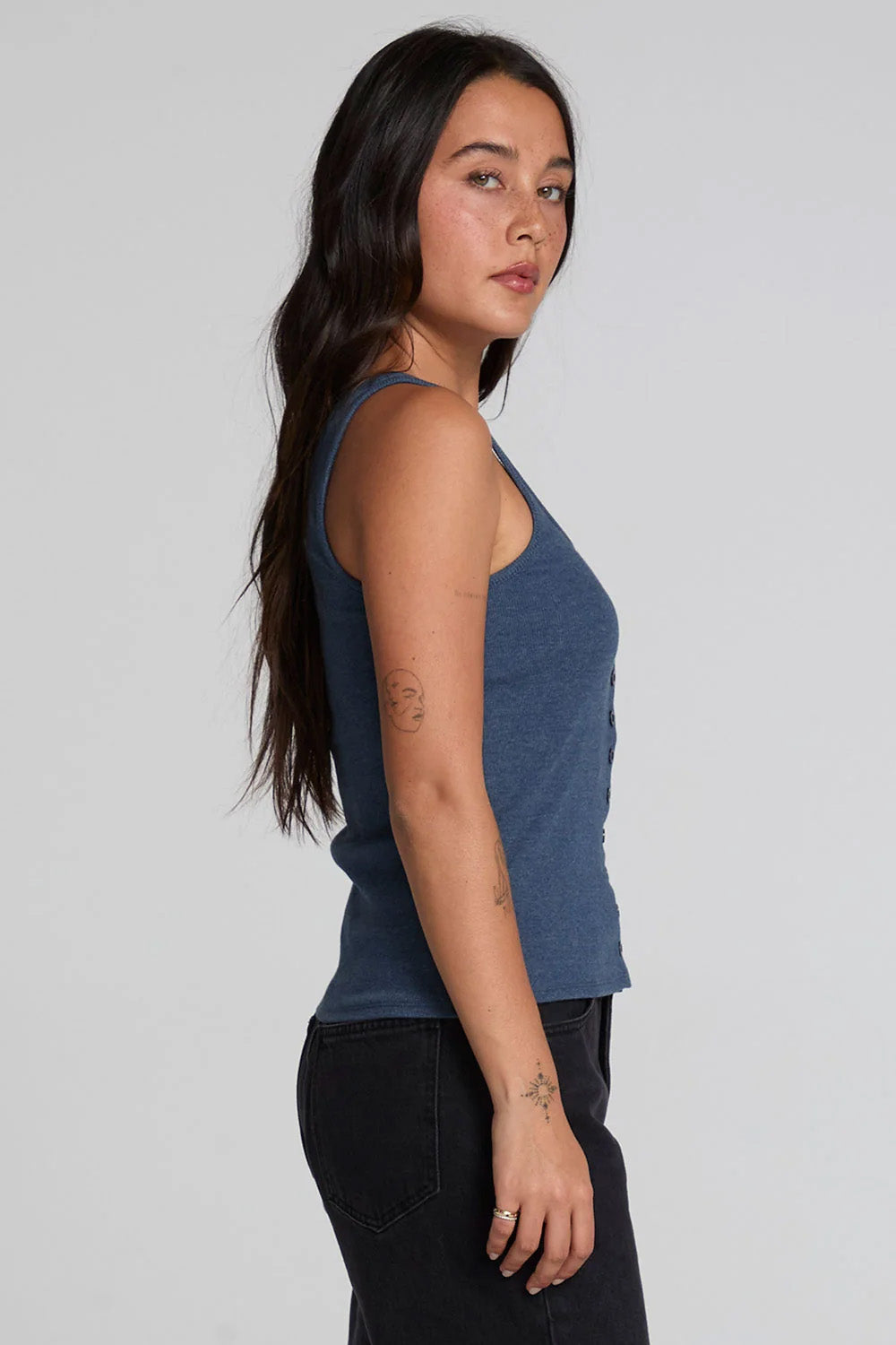 Velora Tank in Dark Denim — Side view