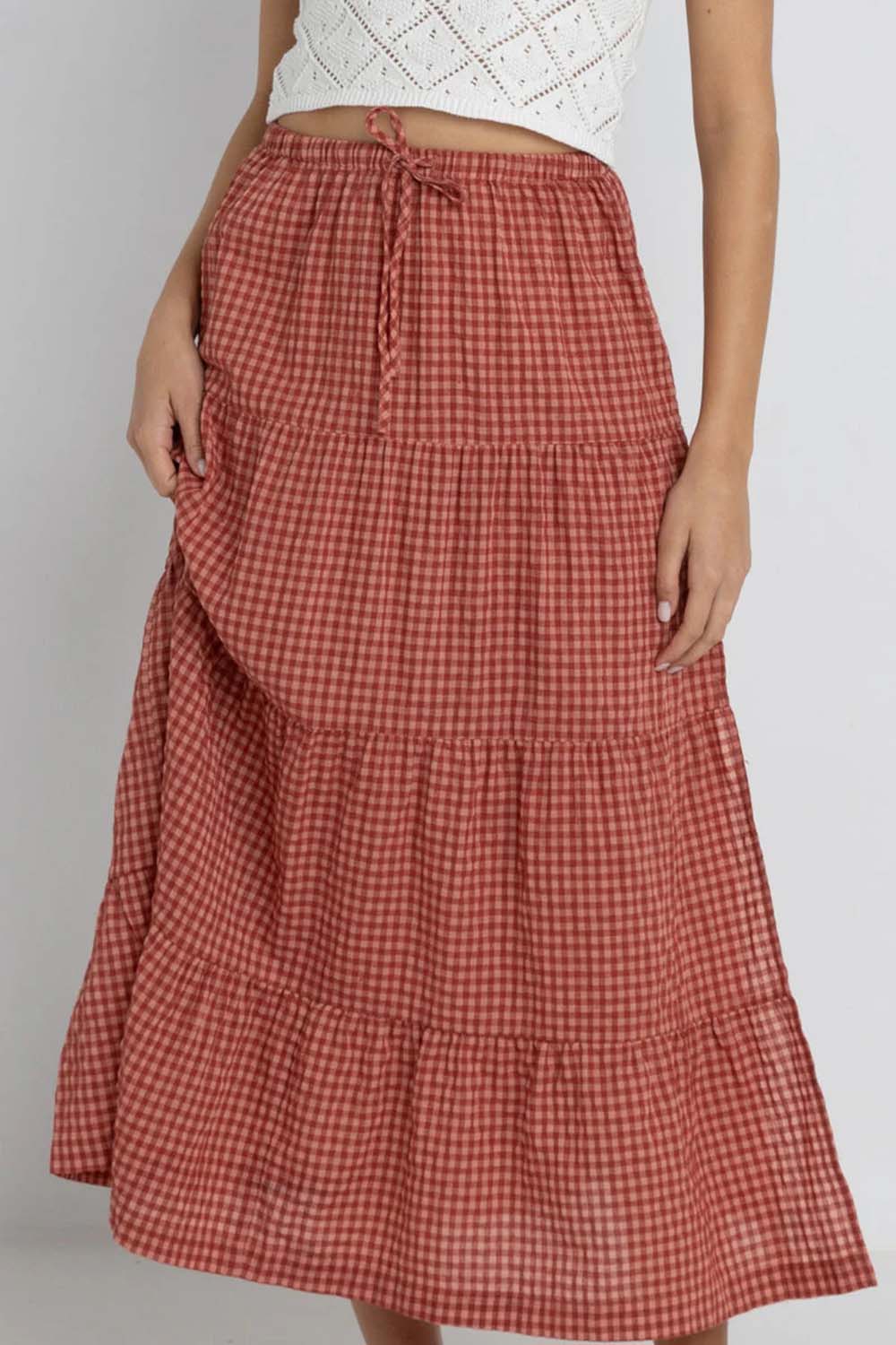 Rhythm - Lola Check Tiered Maxi Skirt - Red - Front