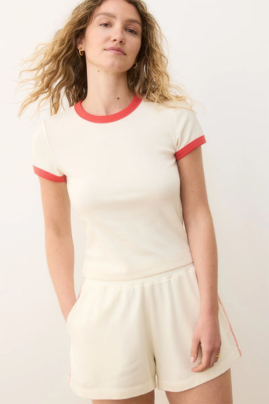 Marine Layer - STRIPE LEXI RIB SUN-IN CREW TEE - Cream/Hibiscus - Front