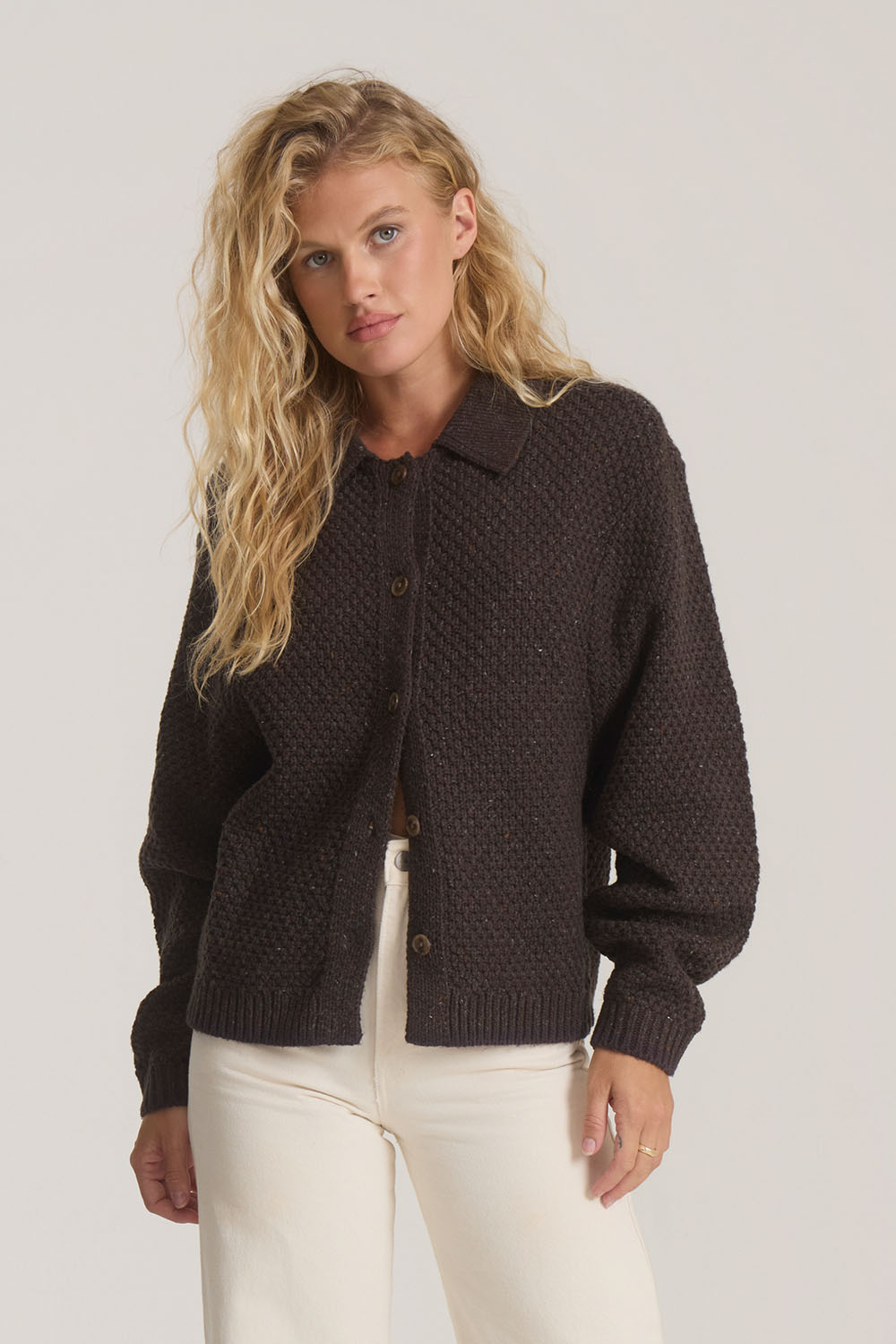Roark Revival Open Roads Cardigan in Coco Bean — Front view