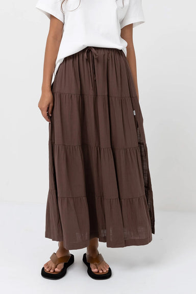 Rhythm - Classic Tiered Maxi Skirt - Chocolate - Front