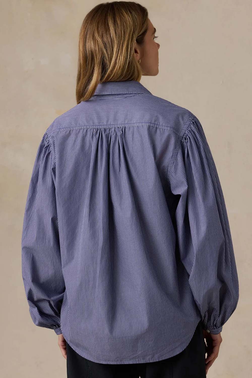 Faherty Coastal Poplin Suki Blouse in Sailor Ink Stripe — Back view