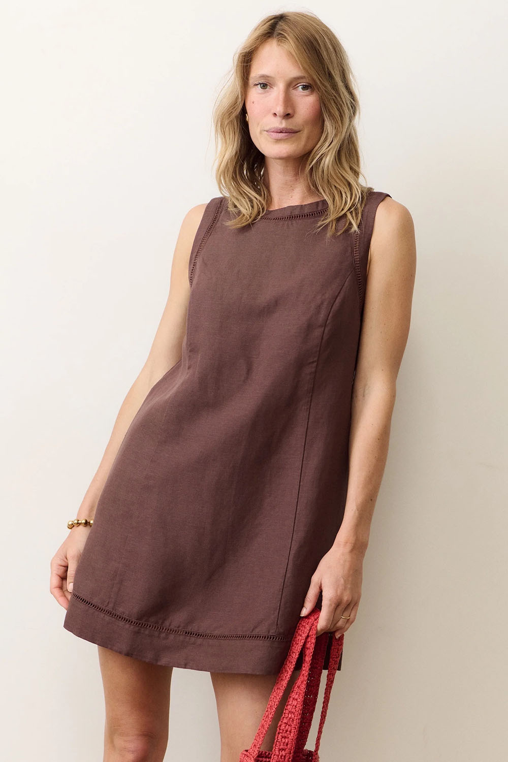 marine layer cora linen mini dress chocolate front