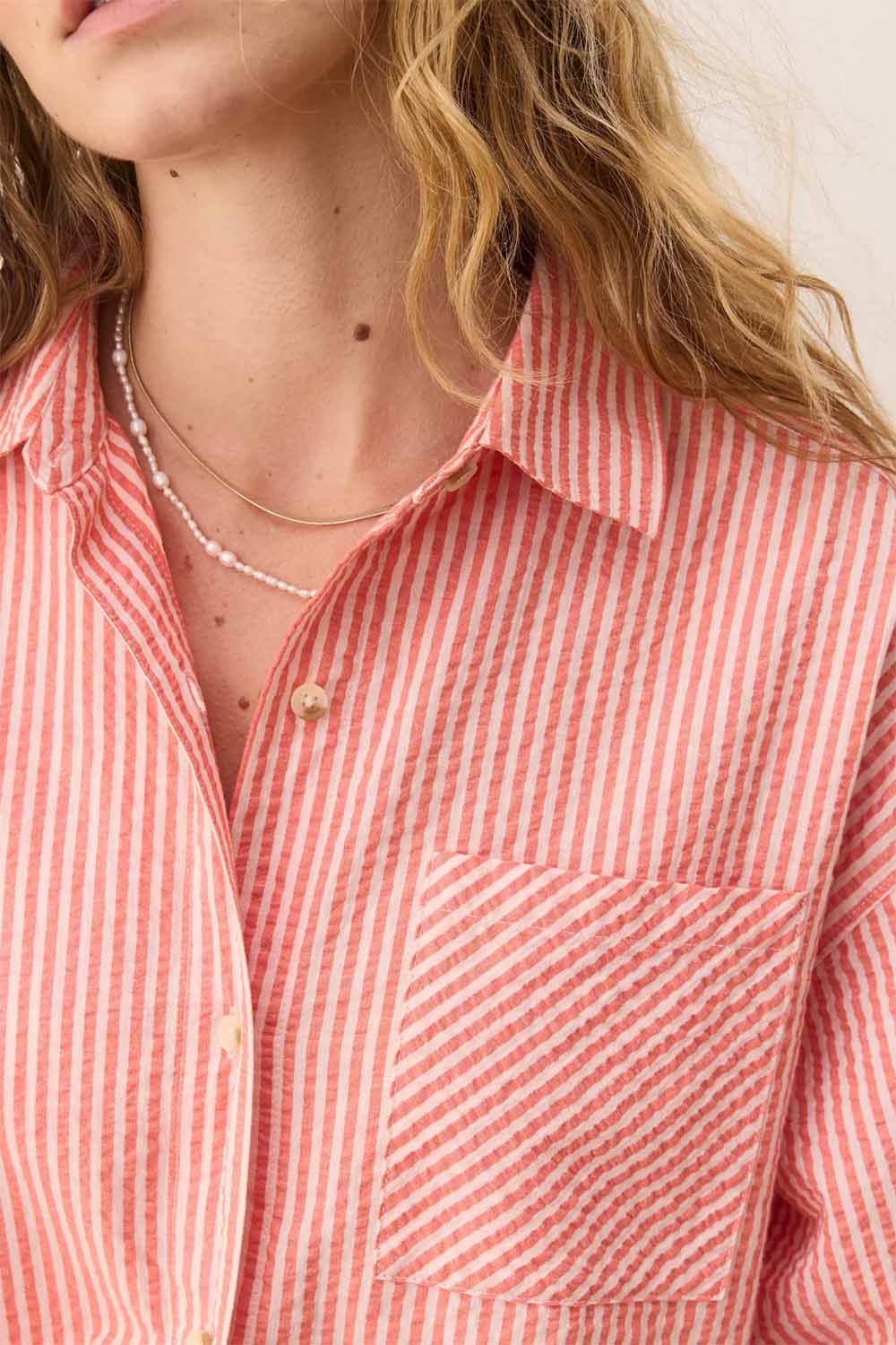 Marine Layer - Gracey Seersucker Shirt - Hibiscus/Sand Stripe - Detail