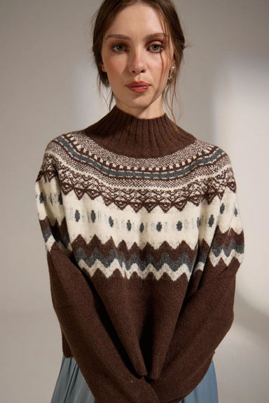 Deluc Cinnamon Turtleneck Sweater in Brown/Ecru/Grey — Front view