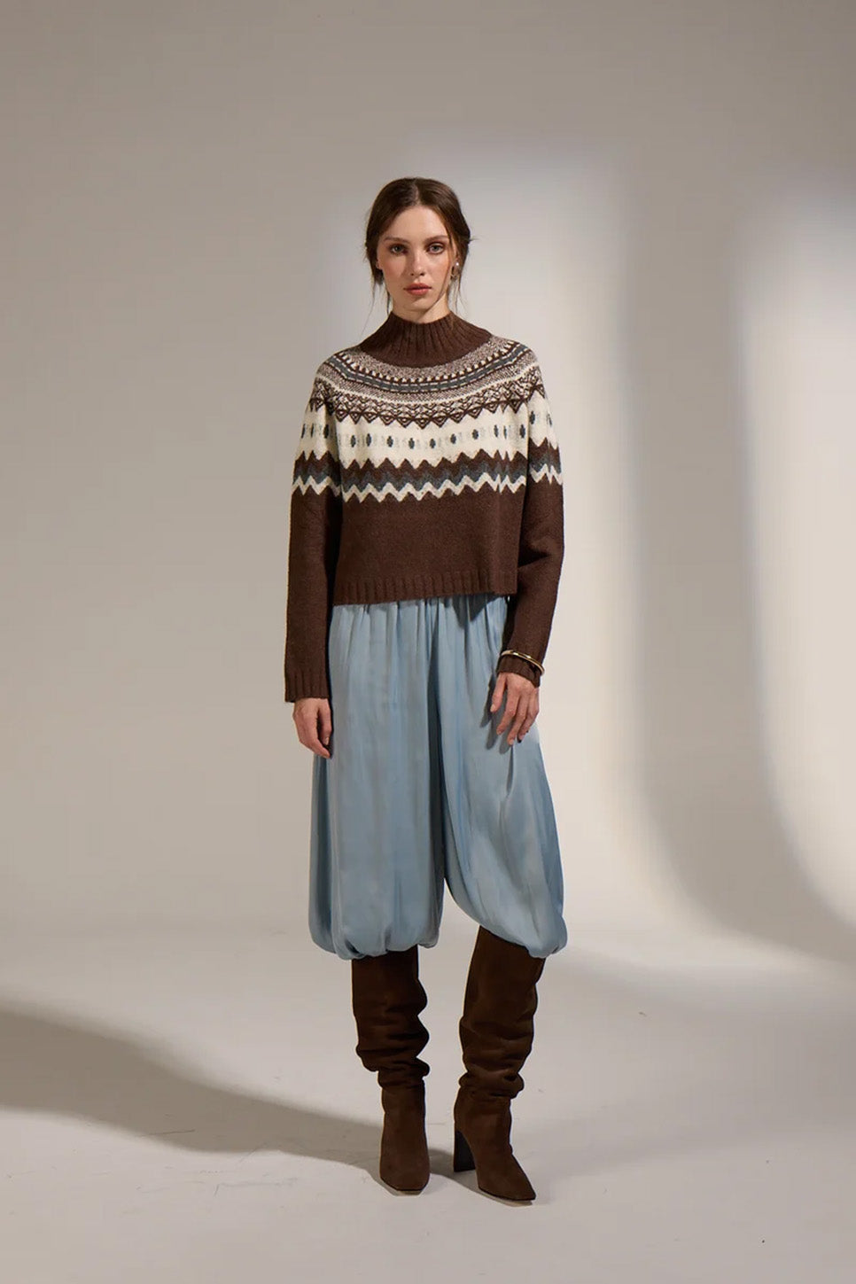 Deluc Cinnamon Turtleneck Sweater in Brown/Ecru/Grey — Full-body view