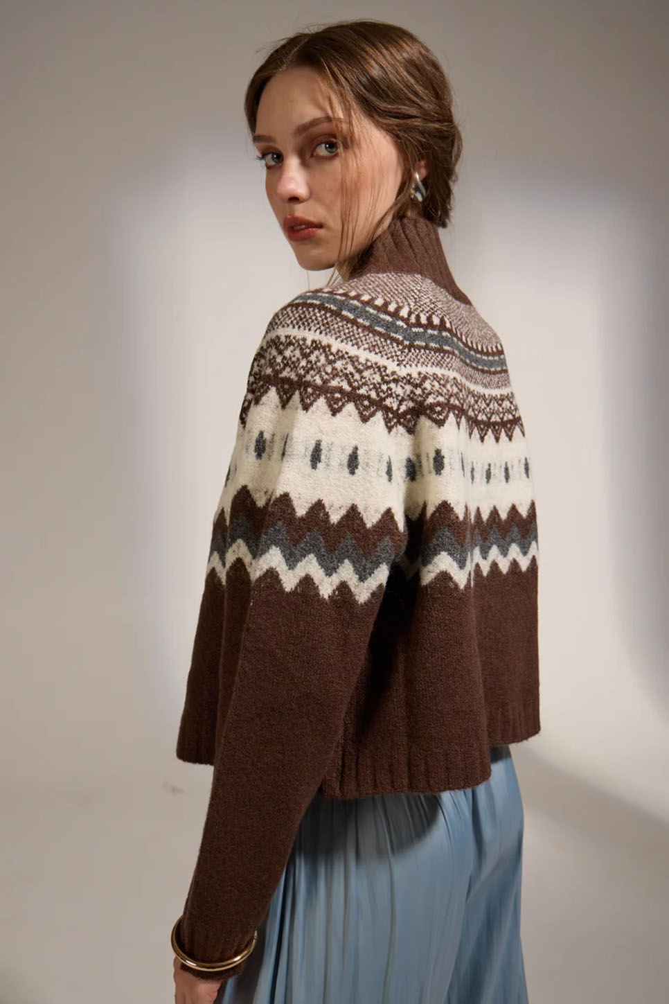 Deluc Cinnamon Turtleneck Sweater in Brown/Ecru/Grey — Quarter view