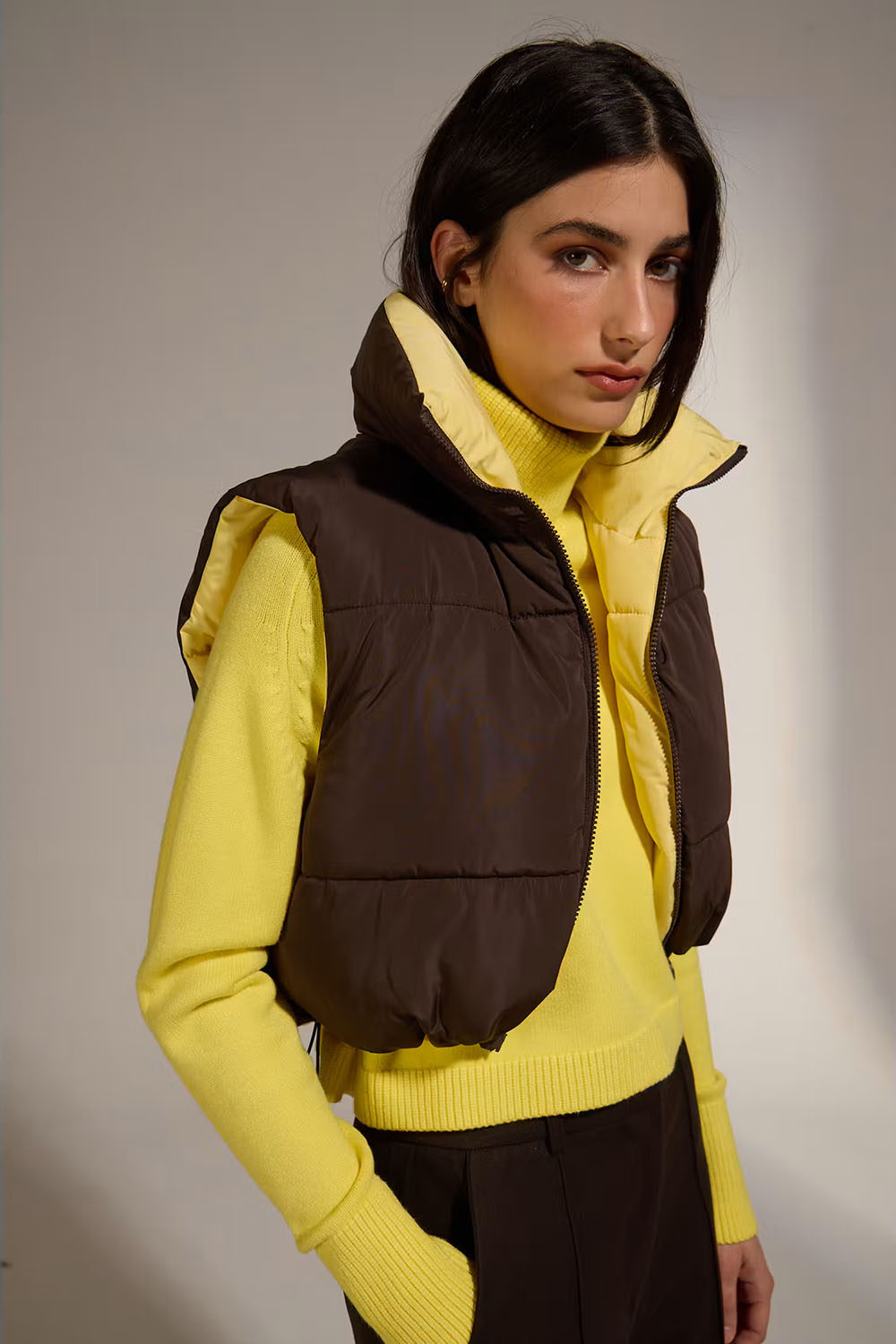 Deluc Gallagher Reversible Vest in Chocolate/Butter — Front view