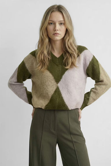 Deluc Micah Sweater in Dk Olive/Lila/Camel — Front view