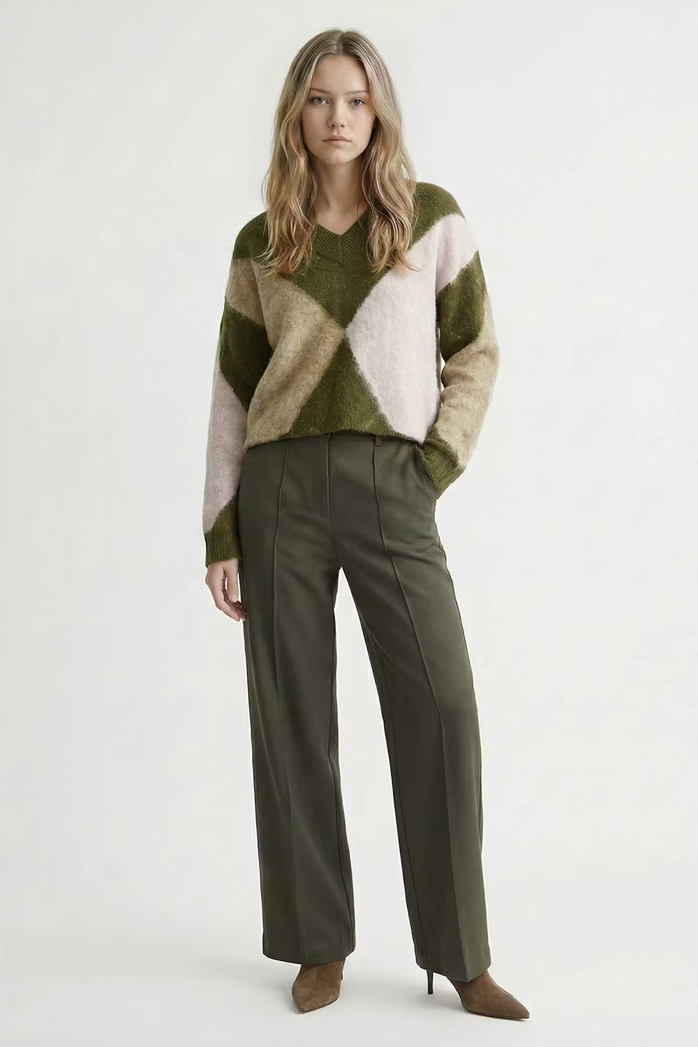 Deluc Micah Sweater in Dk Olive/Lila/Camel — Full-body view