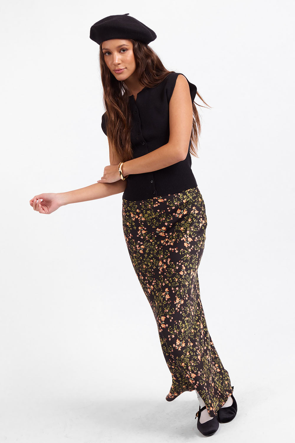 Sage the Label - Urban Bloom Midi Skirt - Black Multi - Front