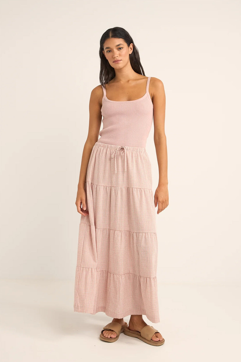 Rhythm - Lola Check Tiered Maxi Skirt - Dusty Pink