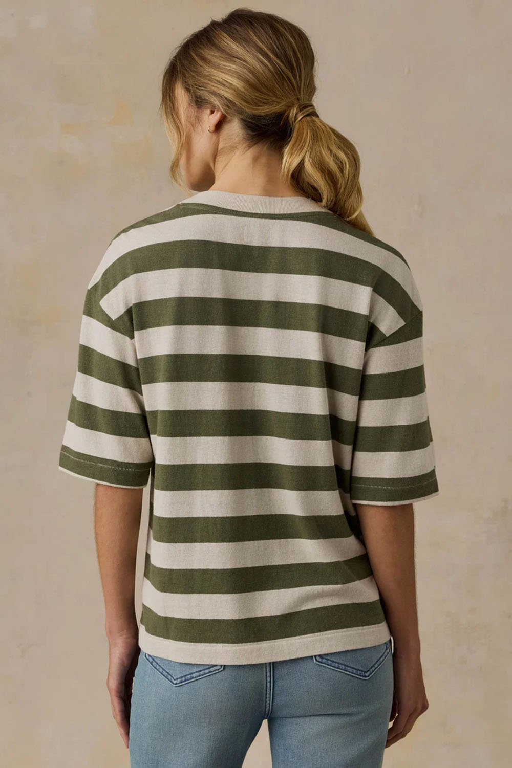Faherty Hemp Blend Vintage Tee in Olive Stripe — Back view