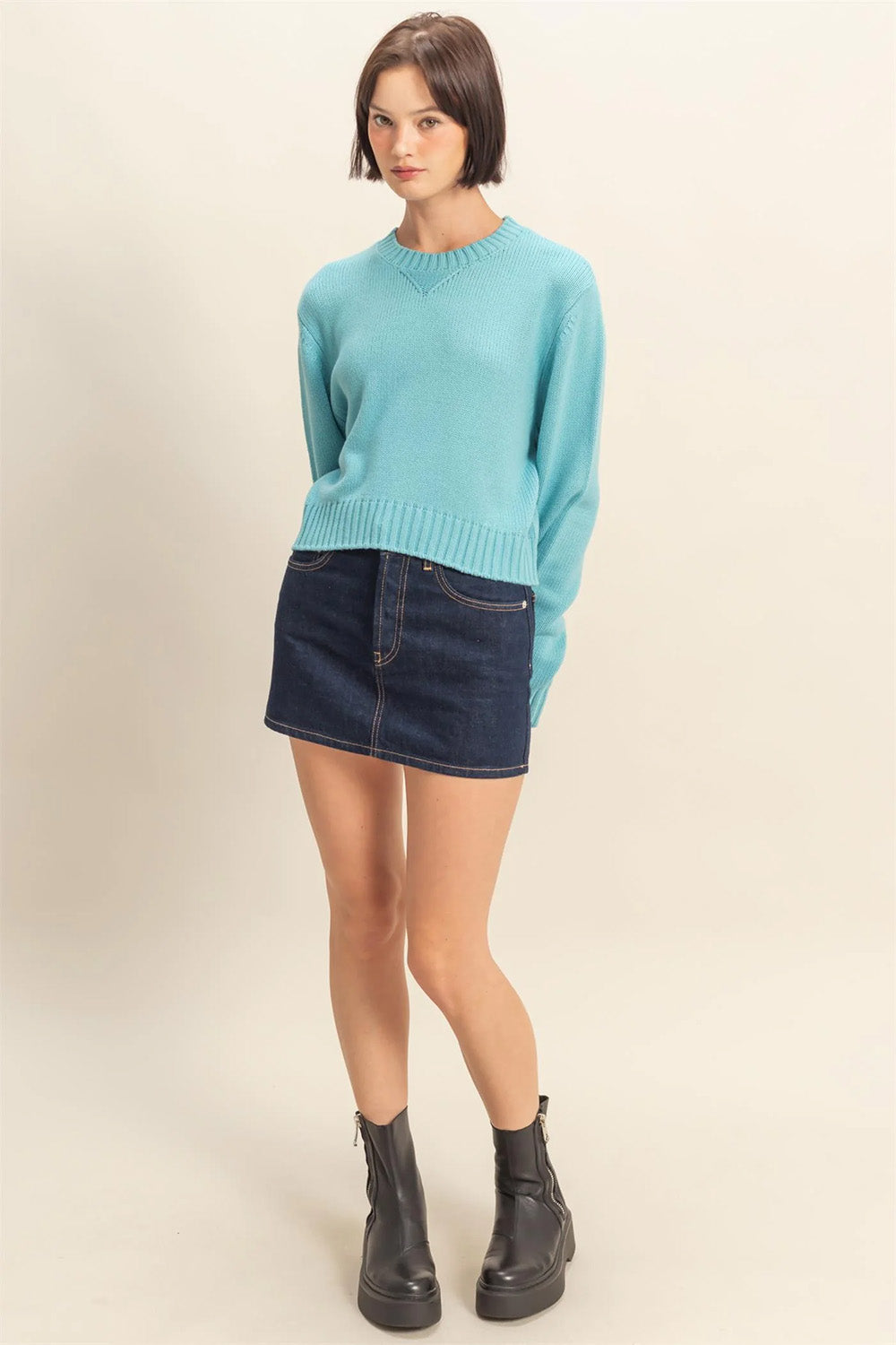 Double Zero - Kacie Cropped Sweater - Sky Blue