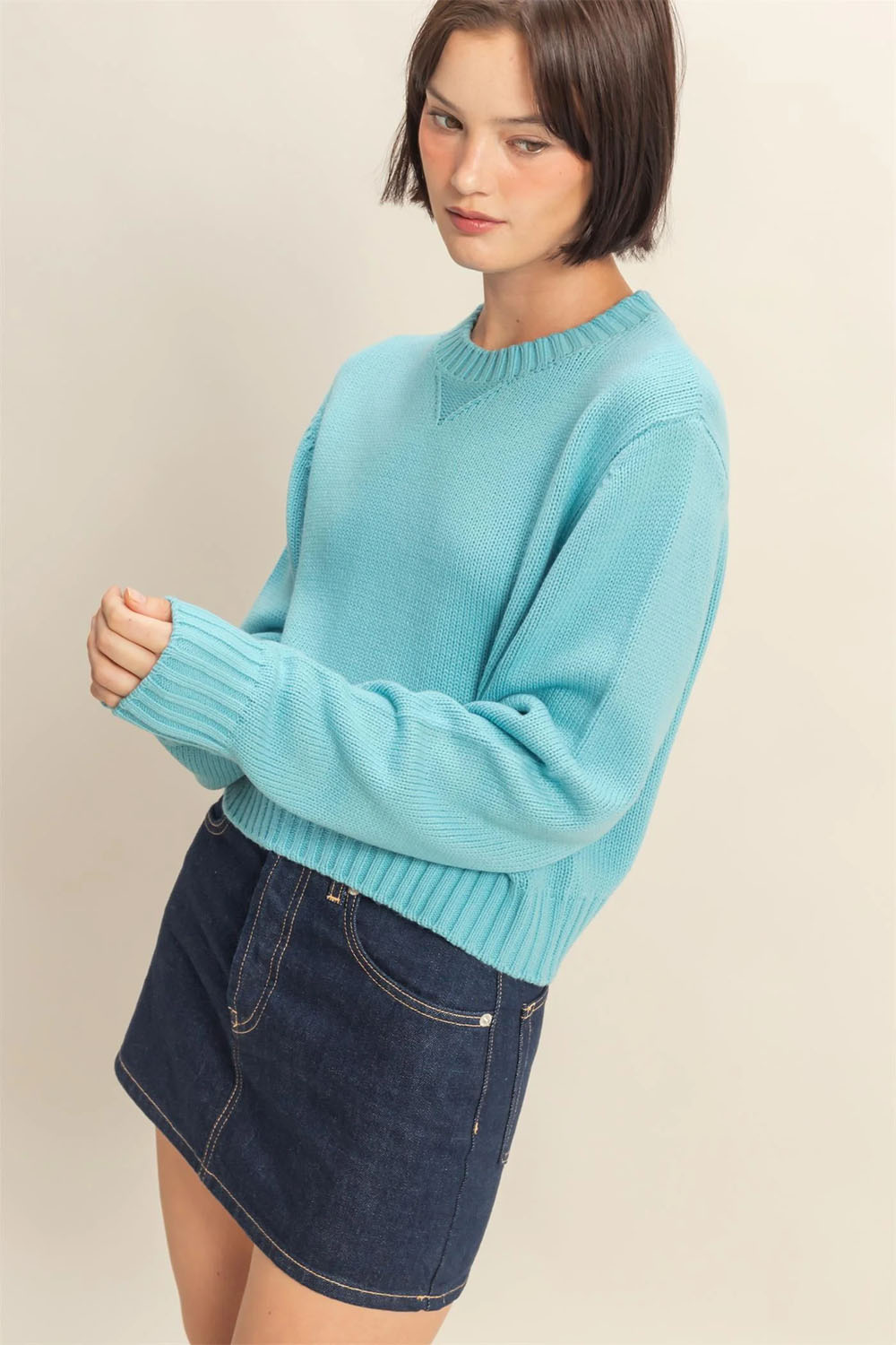 Double Zero - Kacie Cropped Sweater - Sky Blue - Side
