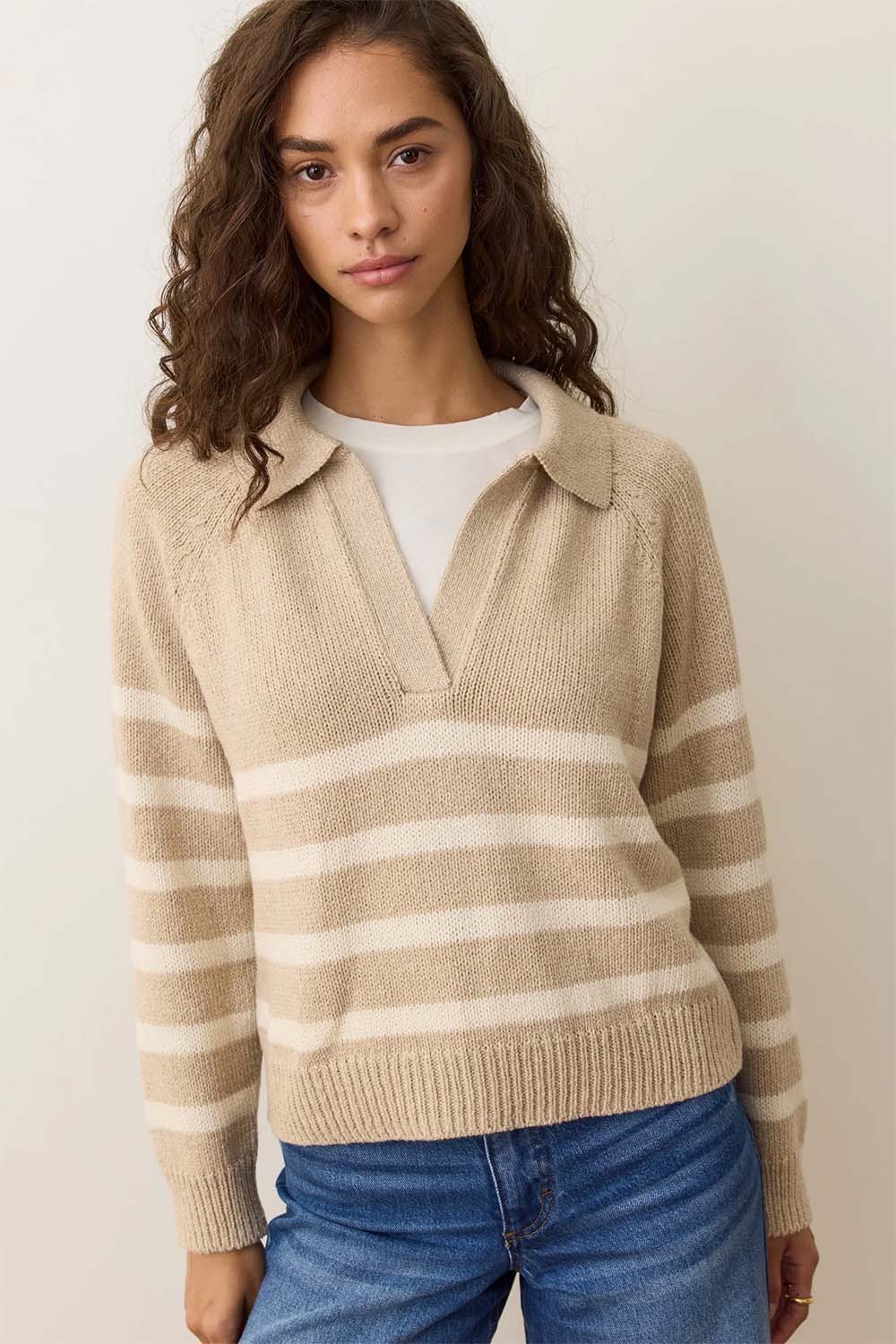 Marine Layer - Berkeley Sweater Polo - Oatmeal/Cream Stripe - Front