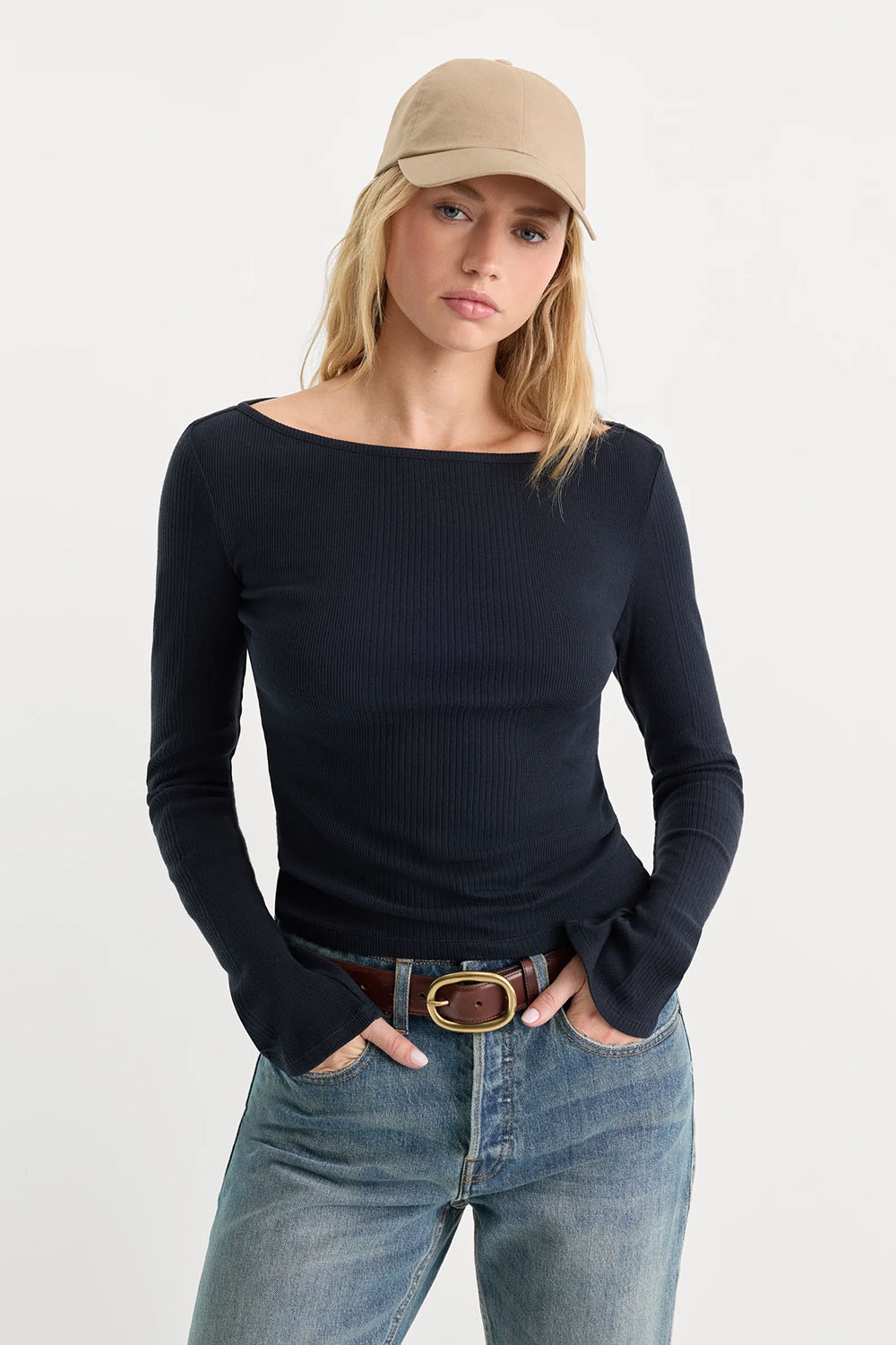 Good American The Varigated Rib Top in New Navy — Front view