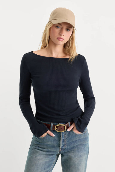 Good American The Varigated Rib Top in New Navy — Front view