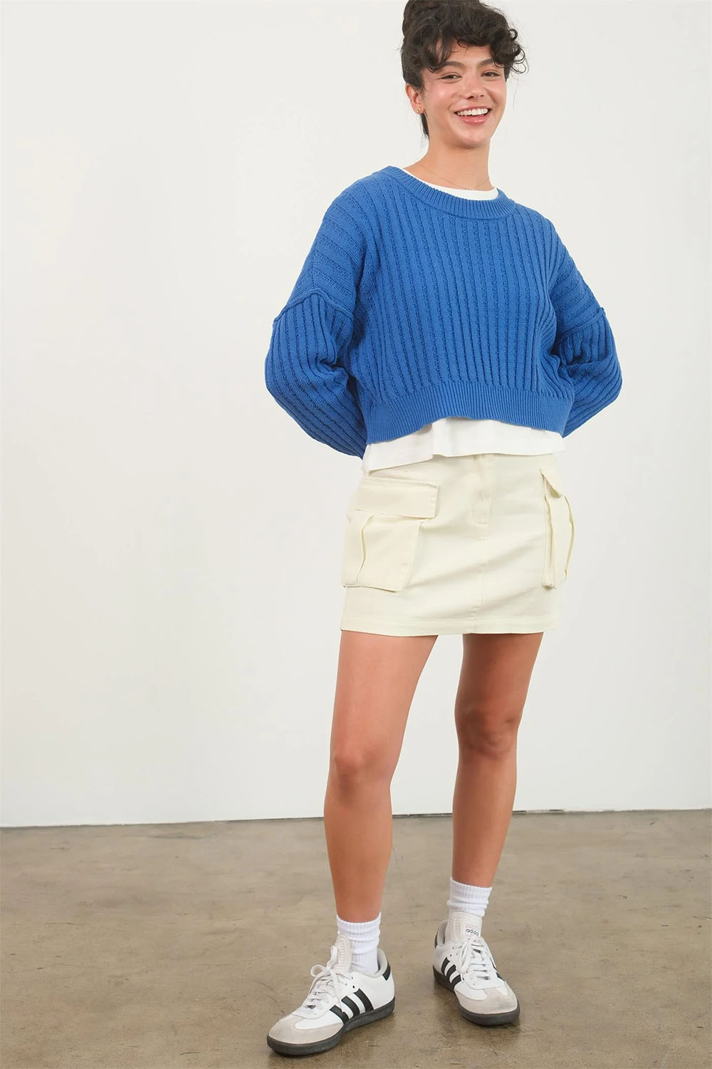 Double Zero - Cropped Ribbed LS Knit Sweater - Cobalt