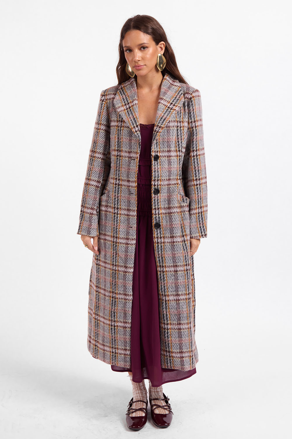 Sage the Label - Flower Bed Plaid Coat - Grey Wine Multi - Front