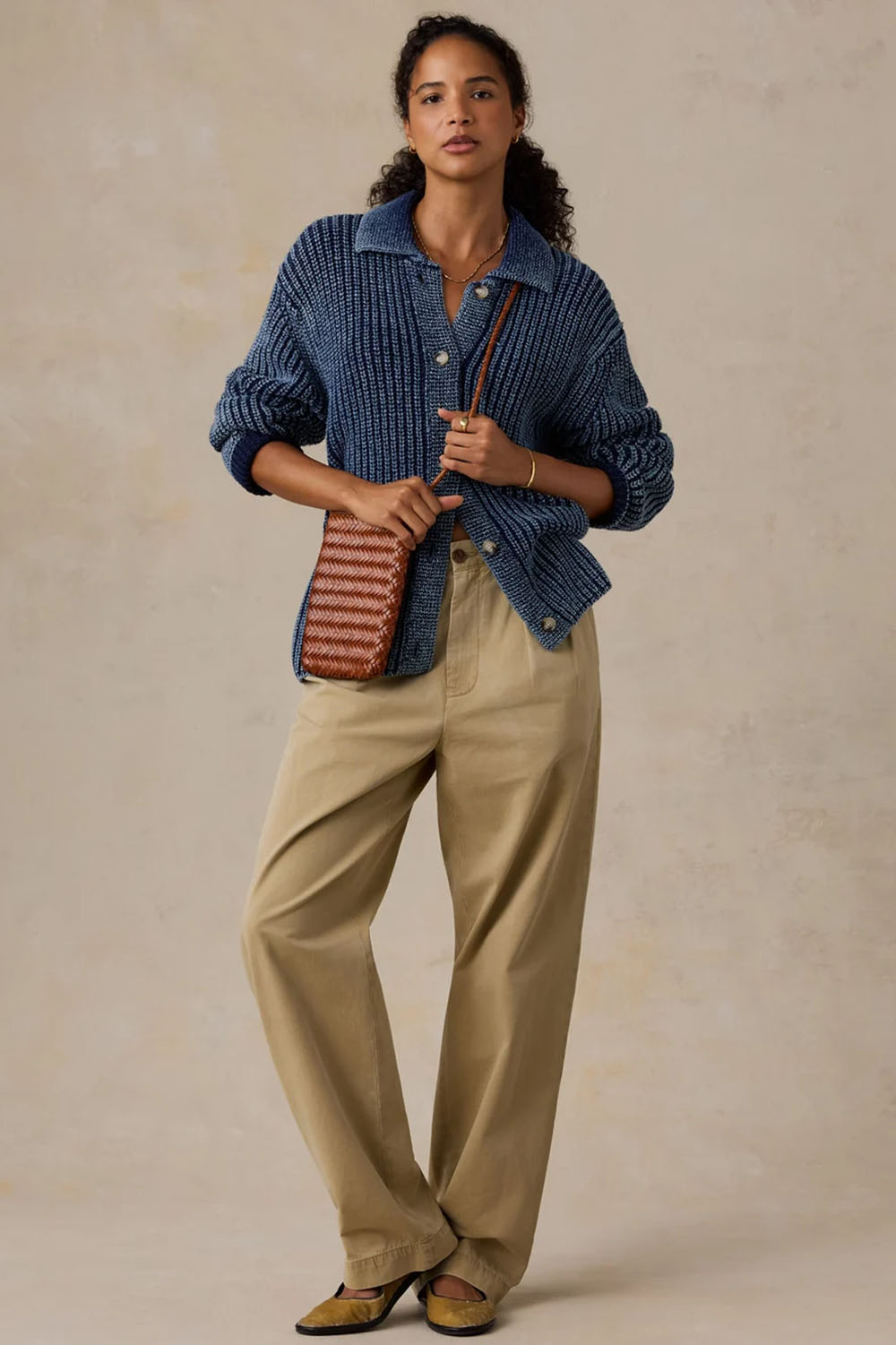 Faherty Sunwashed Lodge Cardigan in Midnight Indigo Wash — Styled view