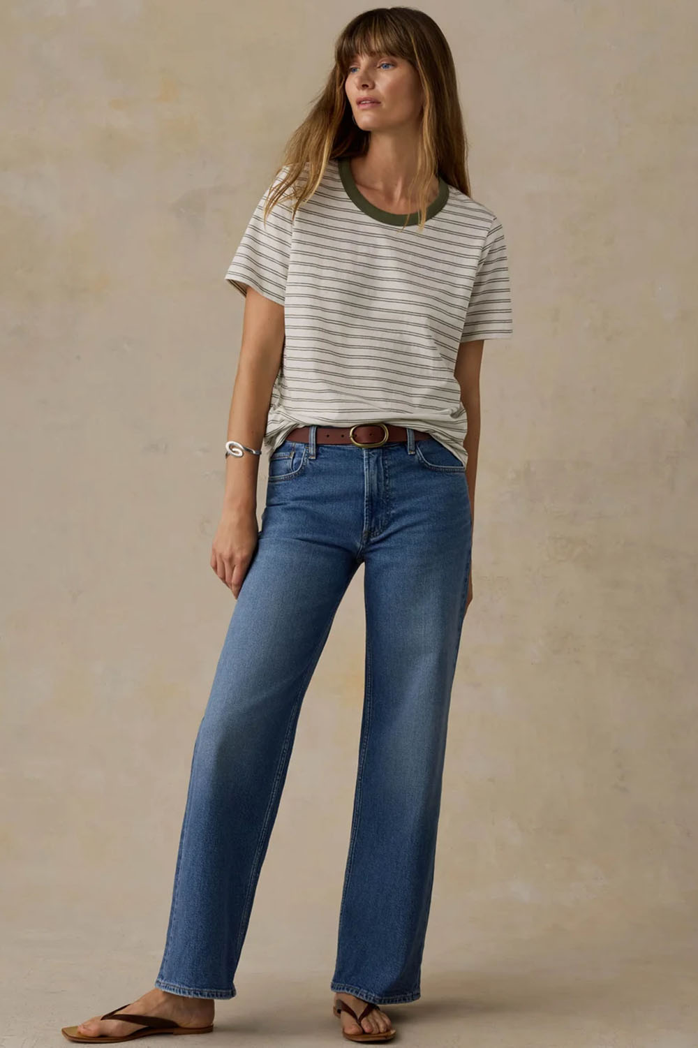 Faherty Sunwashed Essential Stripe Tee in Four Leaf Clover Mini Stripe — Styled view