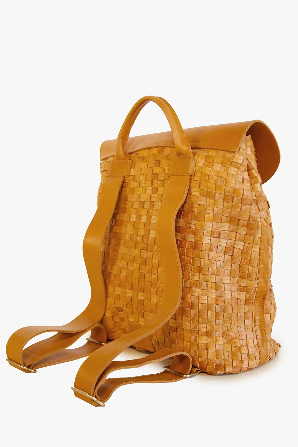 cognac yellow leather backpack ELSA BASKETWEAVE BACKPACK