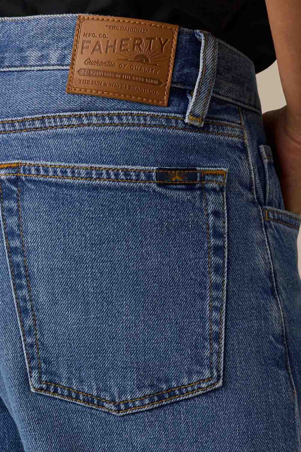 Faherty Denim Wide Leg in Coast Bound Wash — Back pocket detail view