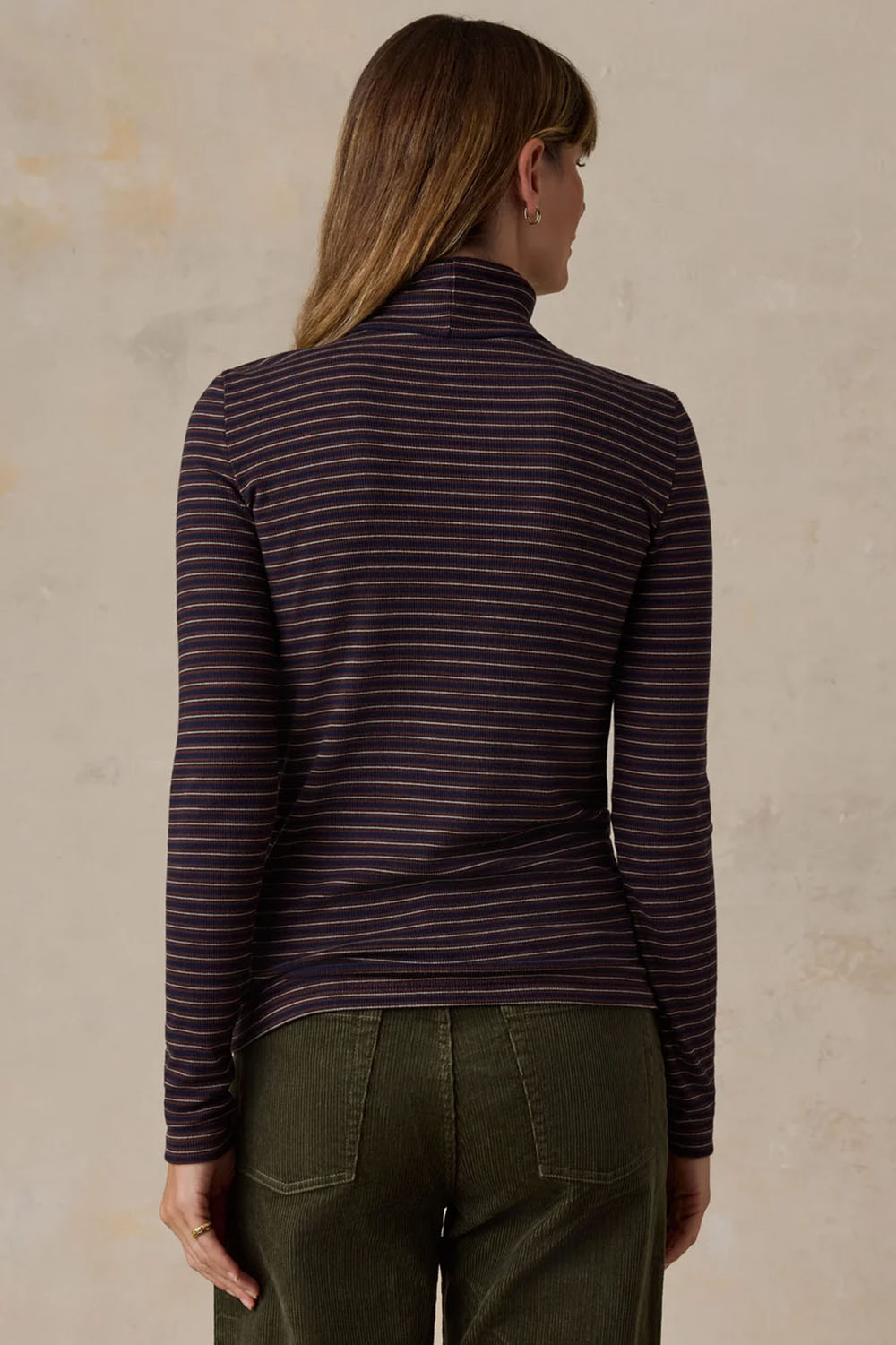 Faherty Featherweight Freestyle Turtleneck in Midnight Wine Stripe — Back view