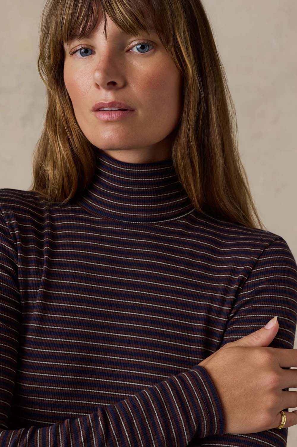 Faherty Featherweight Freestyle Turtleneck in Midnight Wine Stripe — Neckline detail view