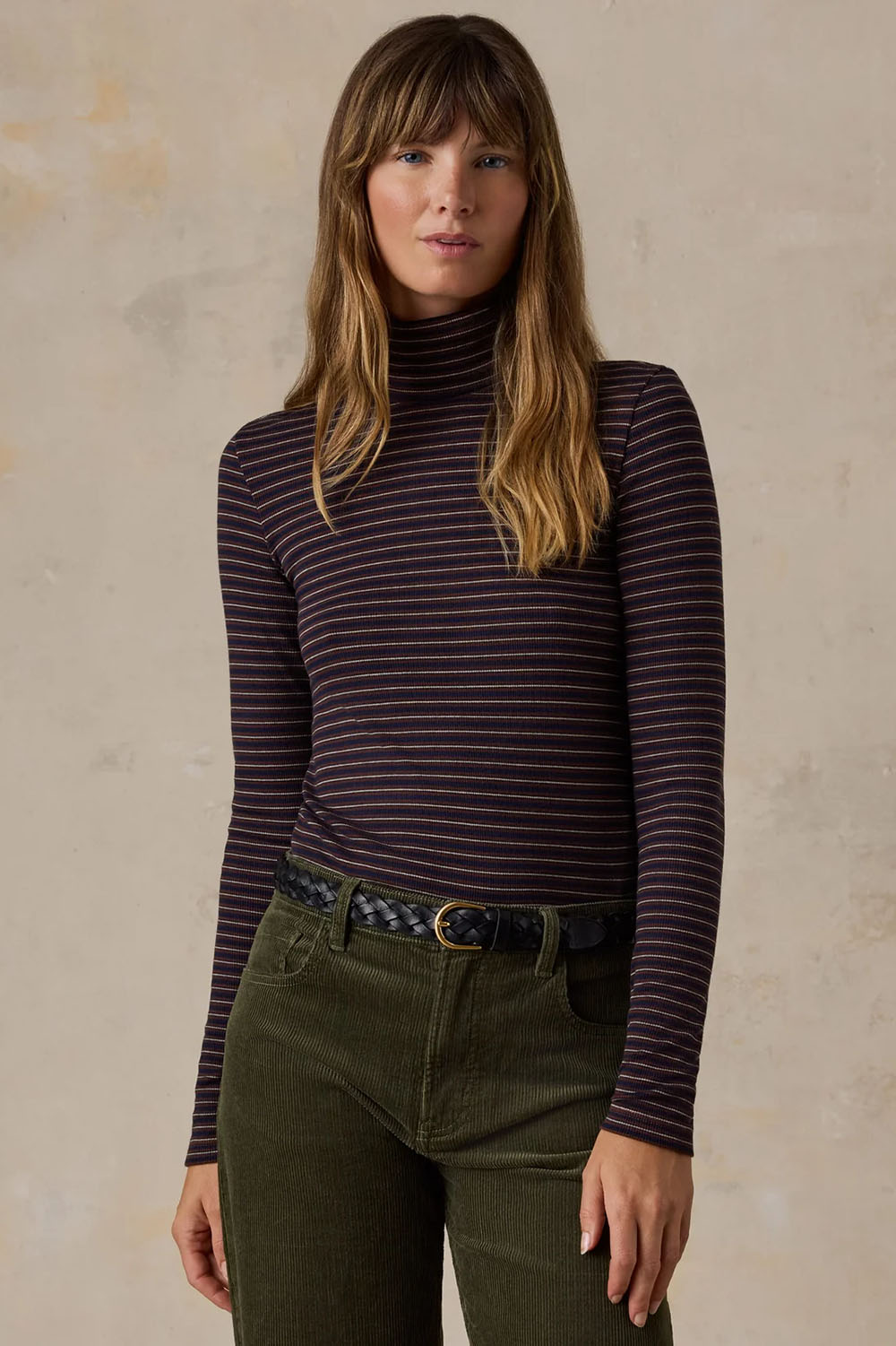 Faherty Featherweight Freestyle Turtleneck in Midnight Wine Stripe — Front view