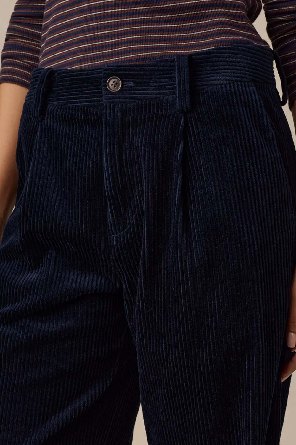 Faherty Hawthorne Cord Pleated Trouser in Navy — Front detail view