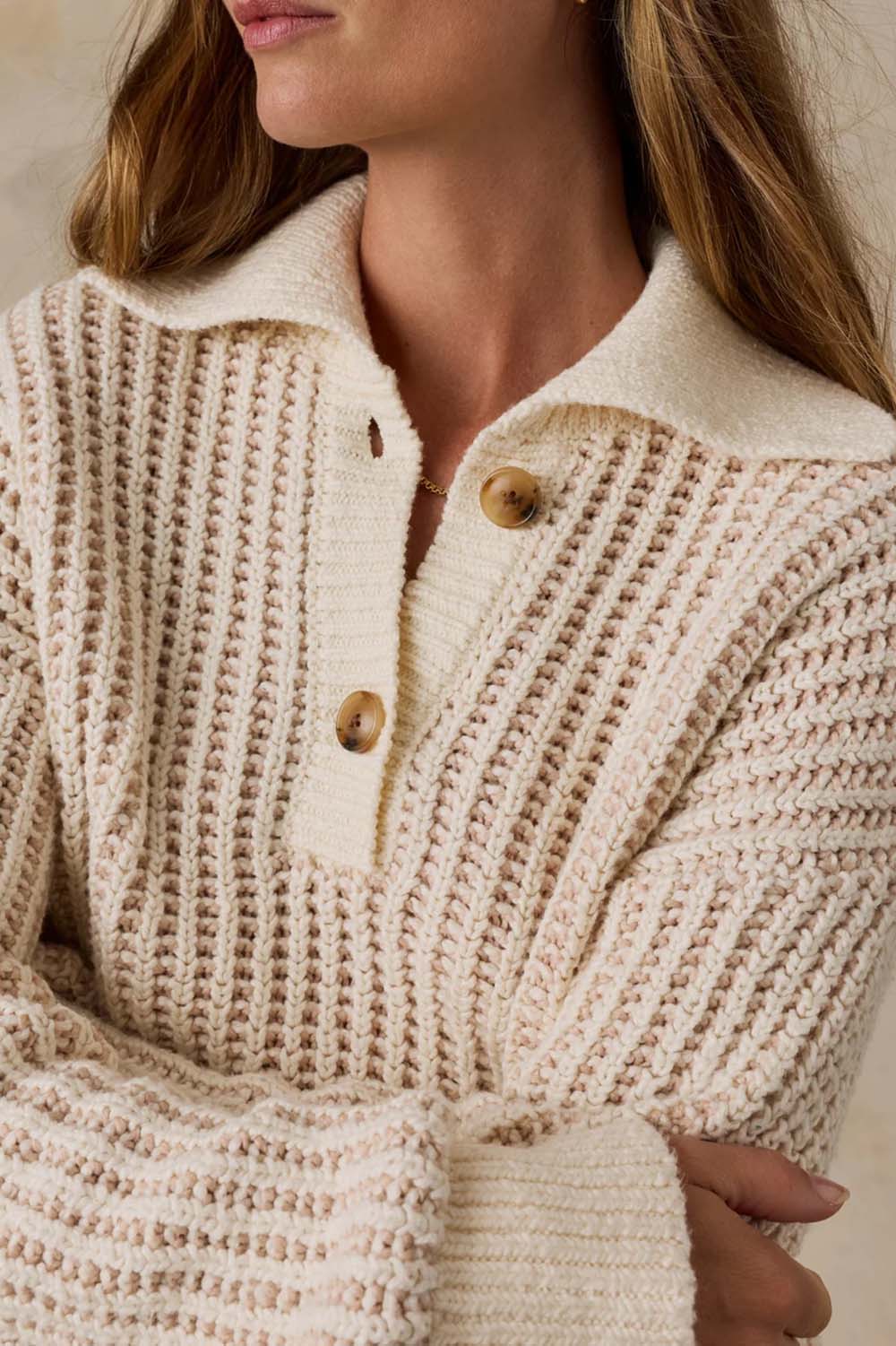Faherty Heirloom Cotton Sweater Polo in Cream — Collar detail view