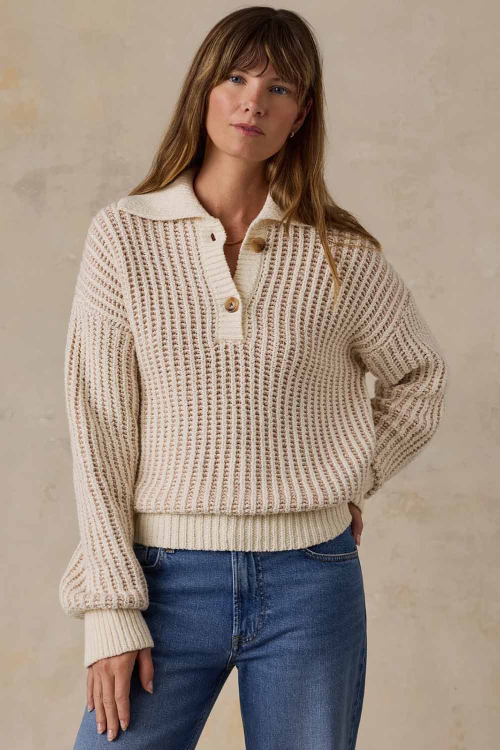 Faherty Heirloom Cotton Sweater Polo in Cream — Front view
