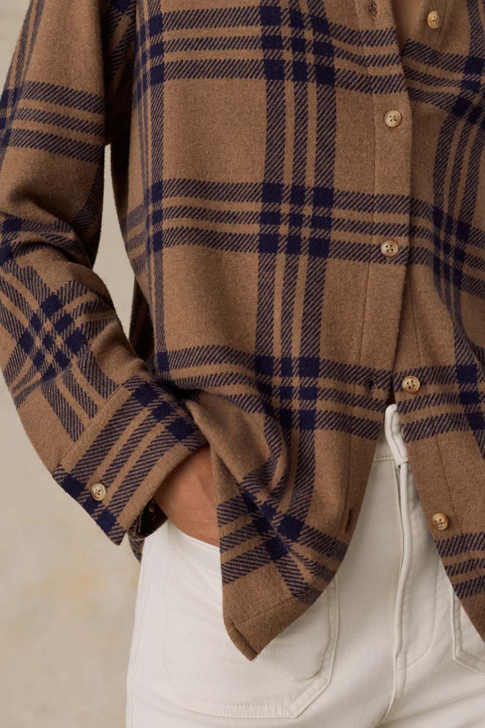 Faherty Legend Sweater Classic Shirt in Saddle Back Plaid — Hem detail view