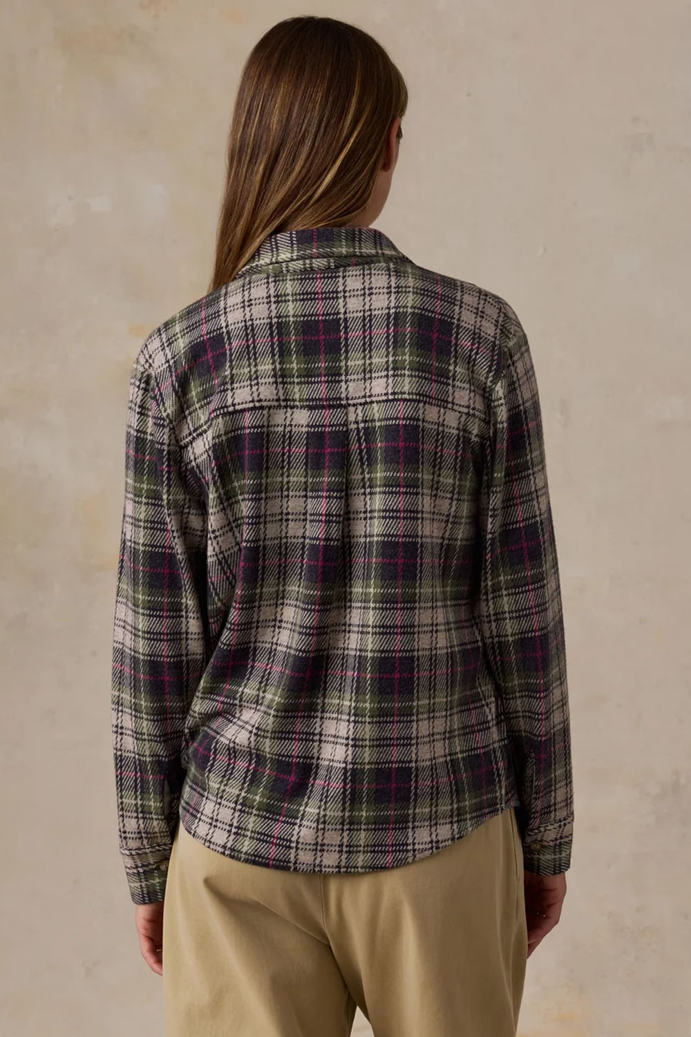 Faherty Legend Sweater Overshirt in Sugar Hill Plaid — Back view