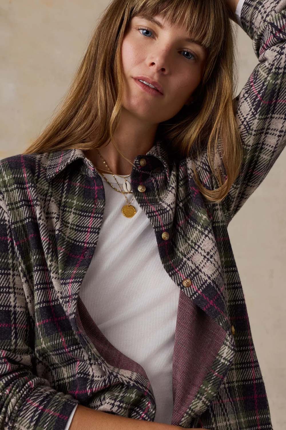 Faherty Legend Sweater Overshirt in Sugar Hill Plaid — Model view