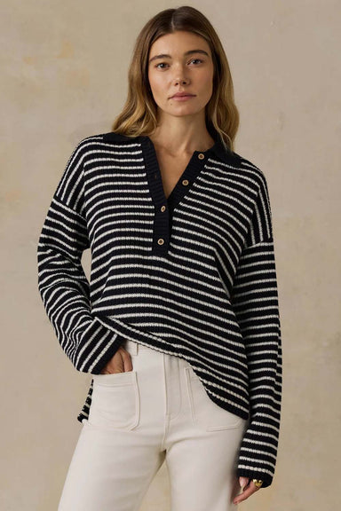 Miramar Linen Relaxed Polo in Black Reef Stripe — Front view