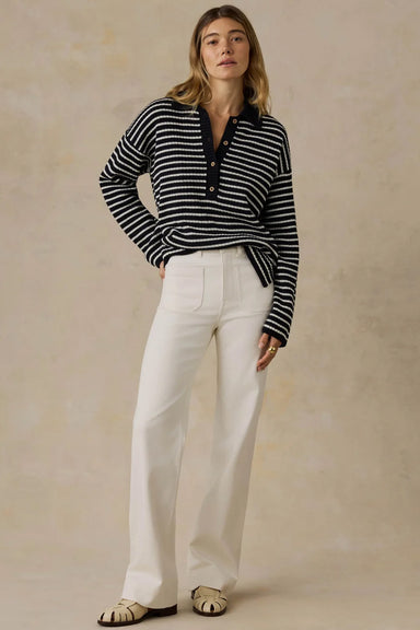 Miramar Linen Relaxed Polo in Black Reef Stripe — Full-body view