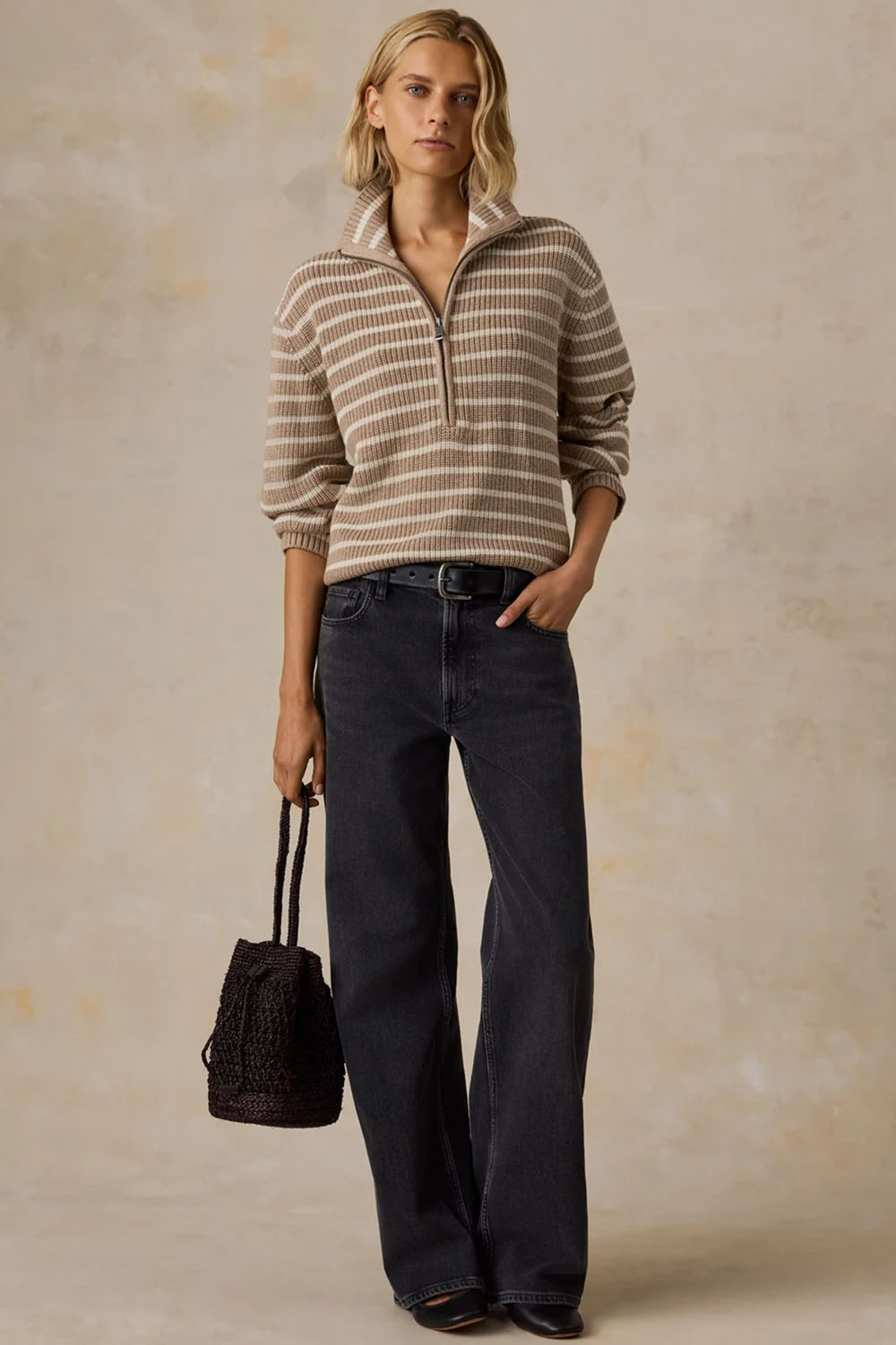 Faherty Northshore Quarter Zip in Oatmeal Stripe — Full-body view