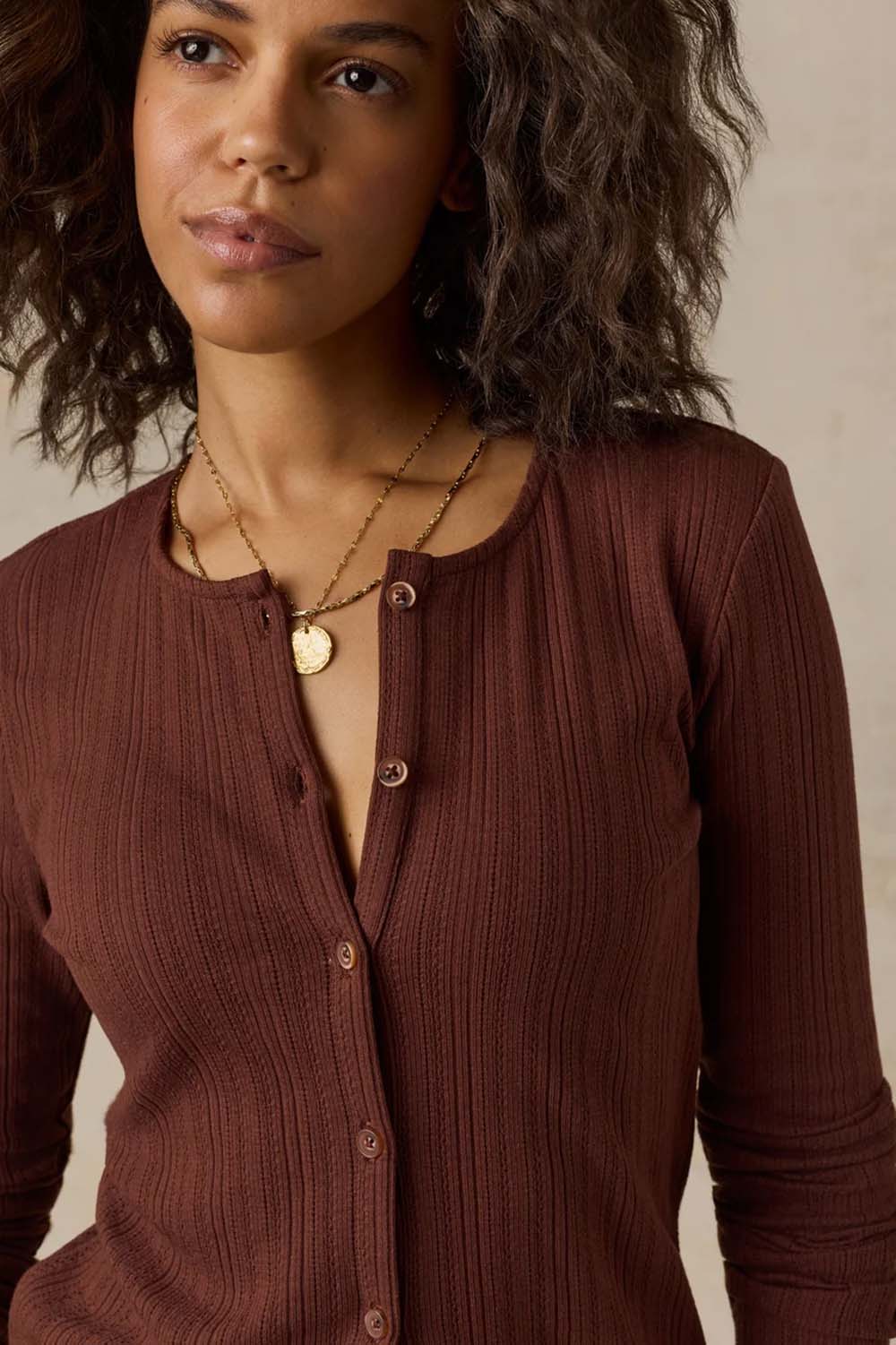 Faherty Paradise Pointelle Cardigan in Chocolate Fondant — Neckline detail view