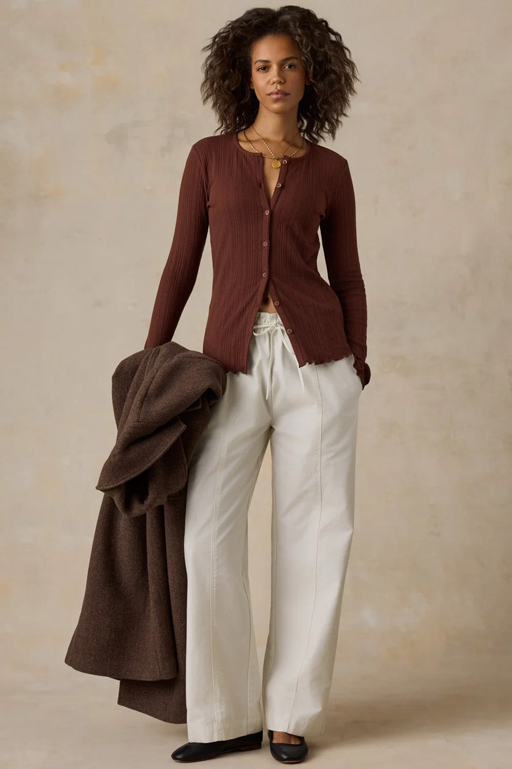 Faherty Paradise Pointelle Cardigan in Chocolate Fondant — Full-body view