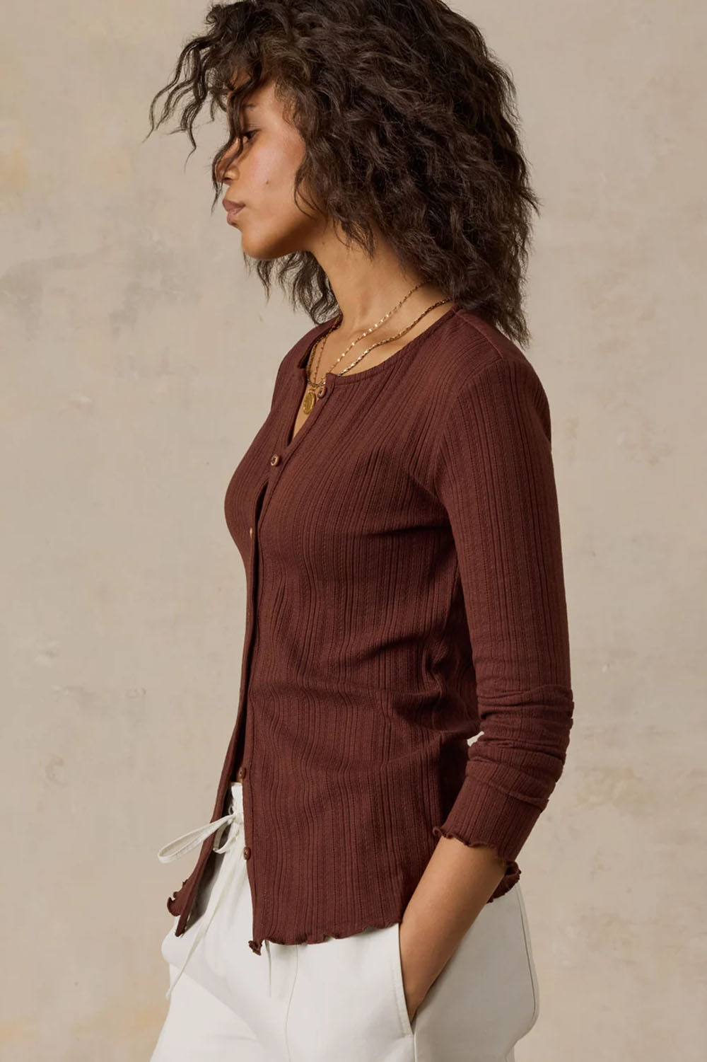 Faherty Paradise Pointelle Cardigan in Chocolate Fondant — Side view