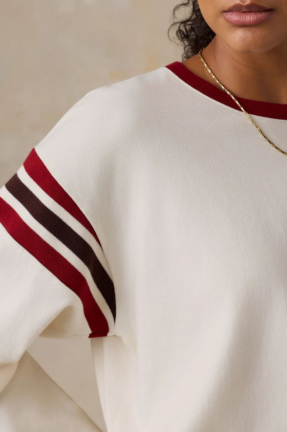 Faherty Sport Jersey Throwback Tee in Antique White Varsity — Sleeve detail view