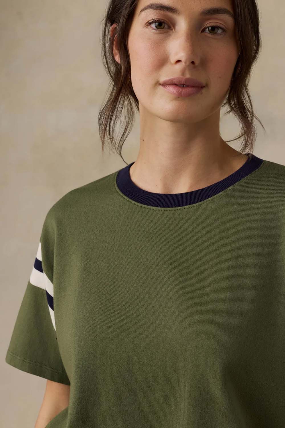 Faherty Sport Jersey Throwback Tee in Clover Varsity — Collar detail view