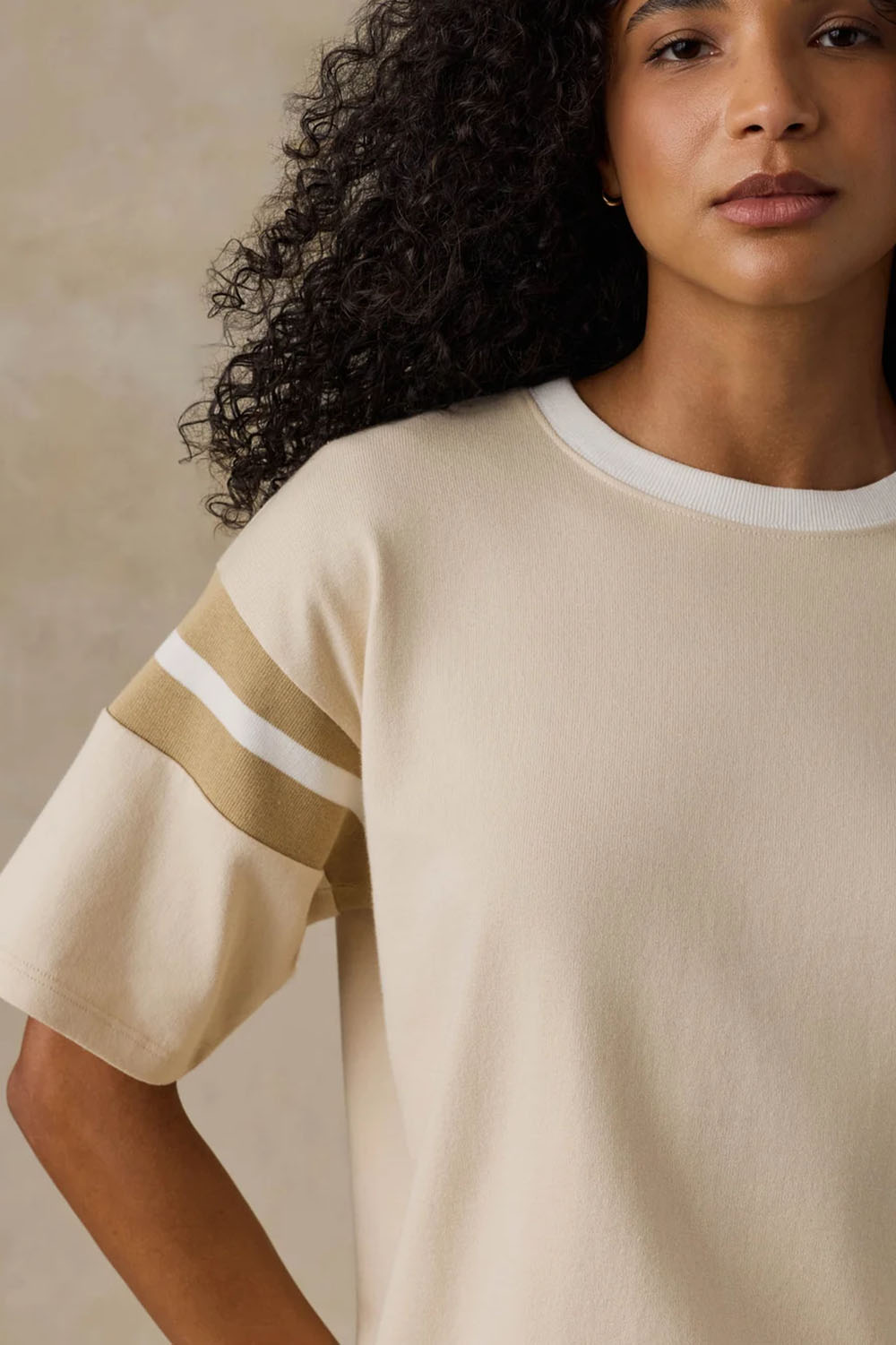 Faherty Sport Jersey Throwback Tee in Summer Sand Varsity — Sleeve detail view