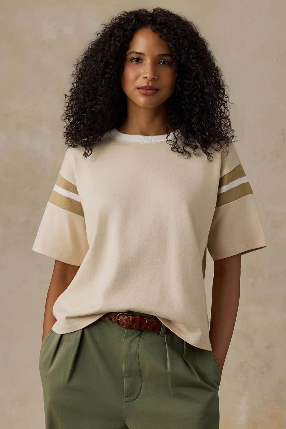 Faherty Sport Jersey Throwback Tee in Summer Sand Varsity — Front view