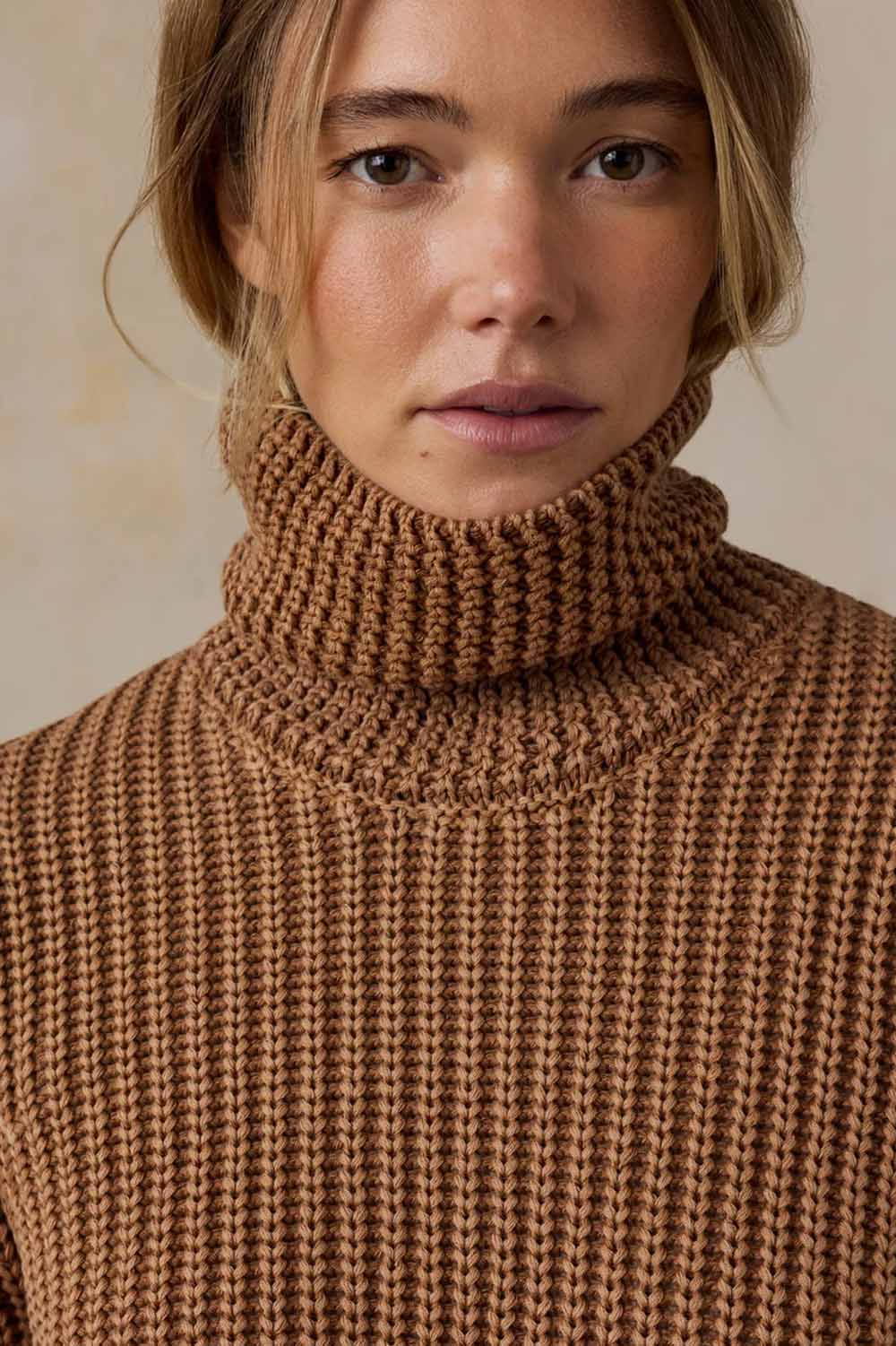 Faherty Sunwashed Cotton Turtleneck in Toasted Sun — Neckline detail view